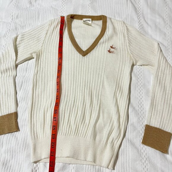 Vintage Dodtex Trim V-Neck Embroidered Bird Sweater Cream & Tan –  M - Picture 7 of 9